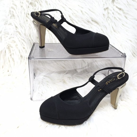 Chanel Black Silk Cap toe Slingback Platform Sculpted Heels 36.5 US 6 READ - Picture 1 of 13